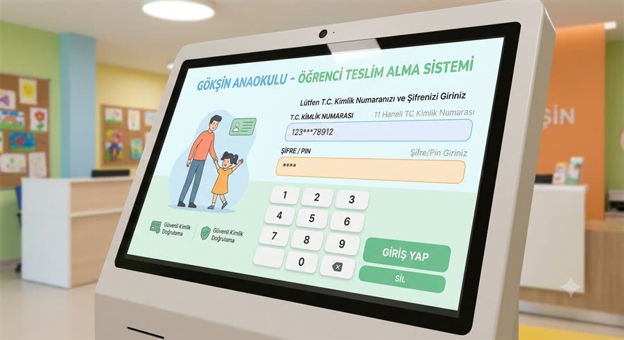 Okul girişindeki dokunmatik VeliGeldi öğrenci teslim terminali